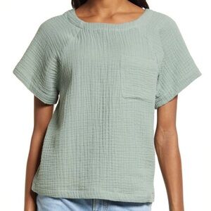 Madewell Asha Cotton Gauze Green Button Blouse